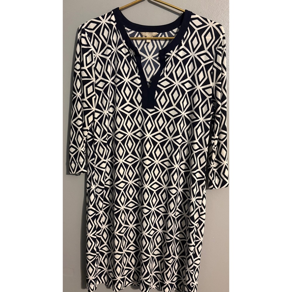 Banana Republic Women Navy White Geometric Diamond Print Shift Dress Large L